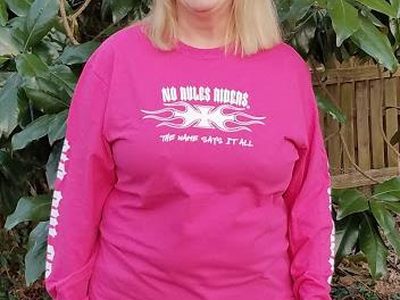 Long Sleeve = Pink with White ink = Flame/Cross logo